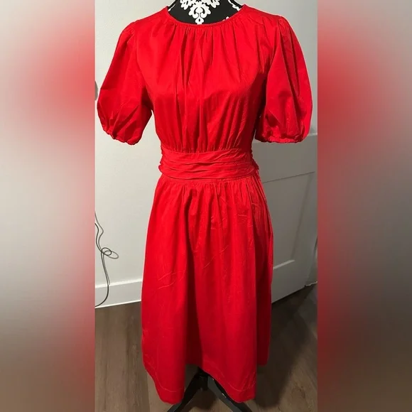 Free Assembly Red Cotton Bow Wrap Around Tie Midi Dress with Puff Sleeves - Picture 6 of 14